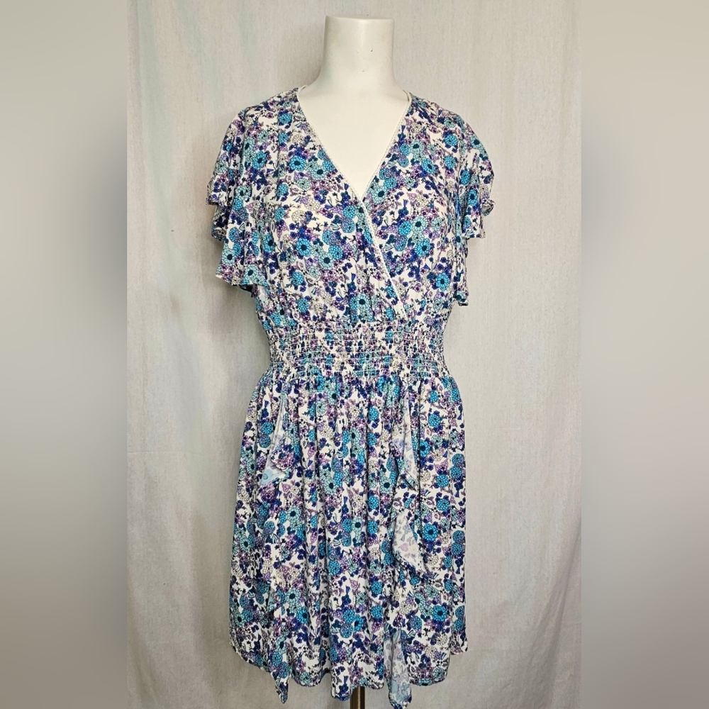 Japna Blue & Purple Floral Ruffle Flutter Sleeve Smocked Waist Dress Size M